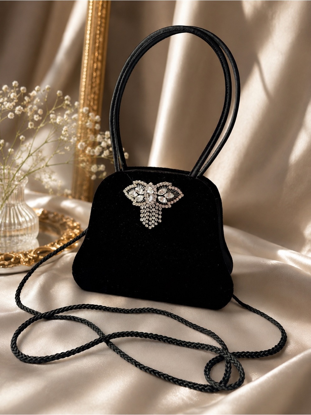 Black Velvet Mini Evening Bag with Crystal Brooch Accent